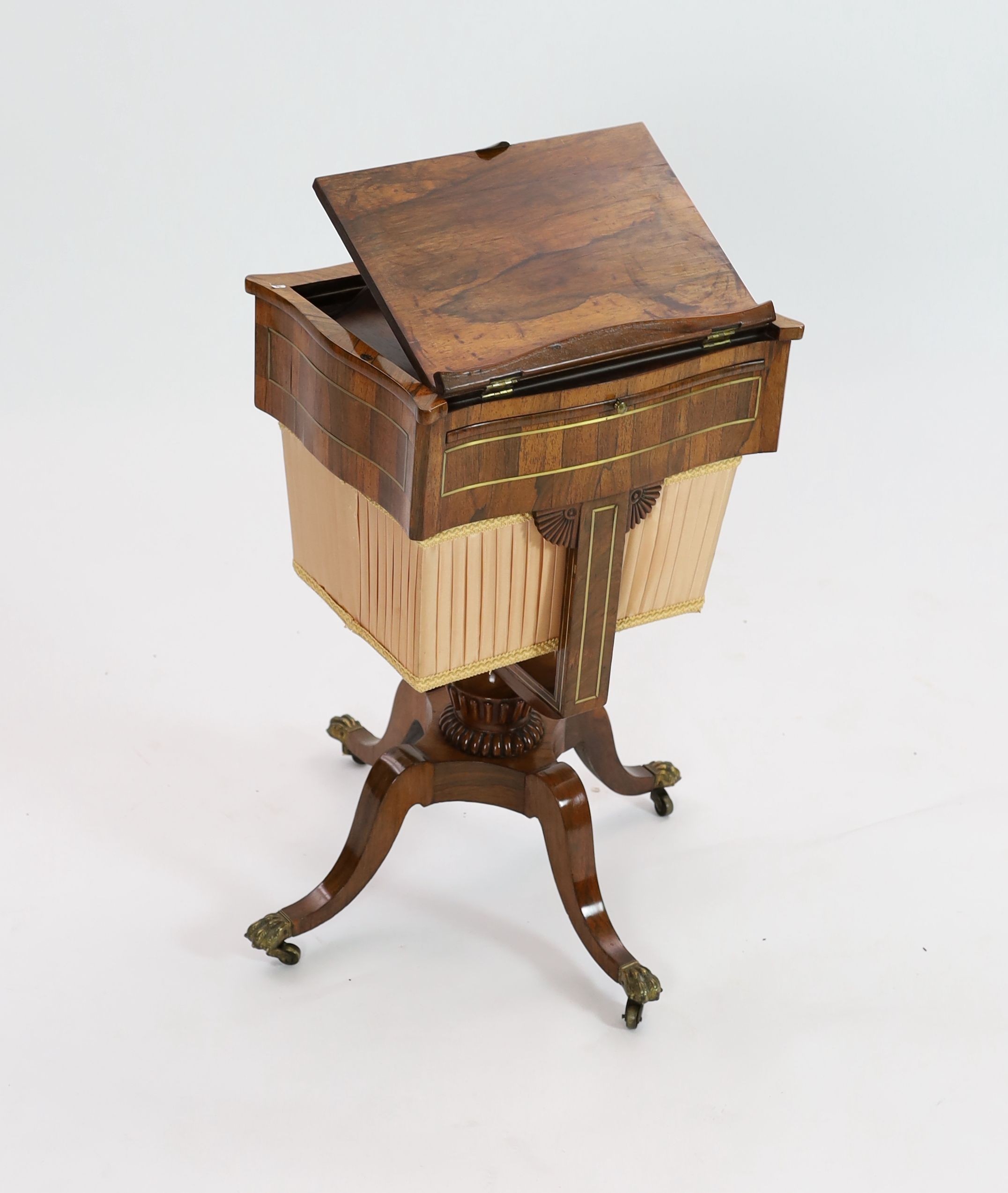 An early Victorian brass inset rosewood work table, width 47cm depth 35cm height 75cm